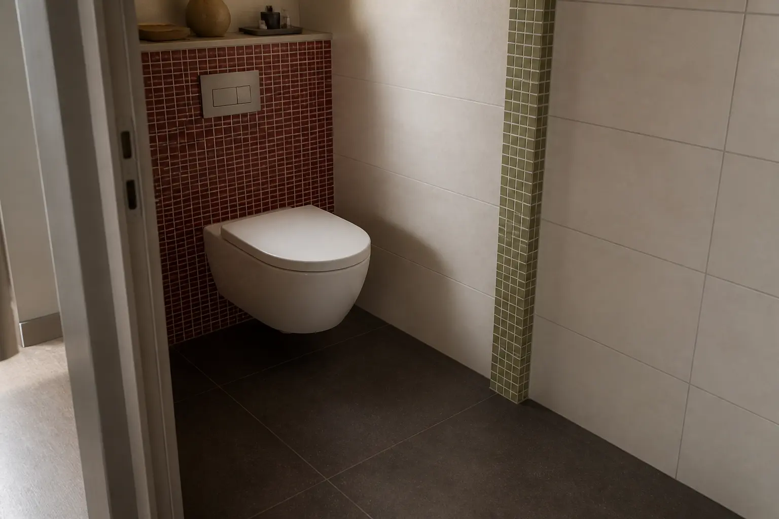 Carrelage wc dans un WC moderne : sol en grès cérame, murs en céramique et frise mosaïque autour du bâti caché.
