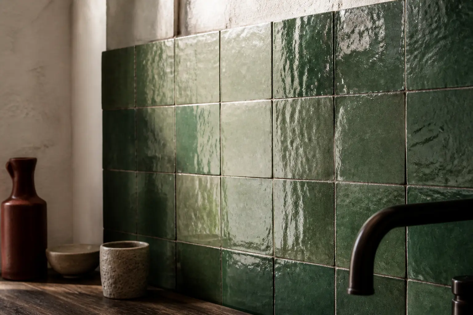 Carrelage zellige vert en crédence de cuisine, nuances émeraude et sauge, lumière douce sur textures brillantes et bois sombre