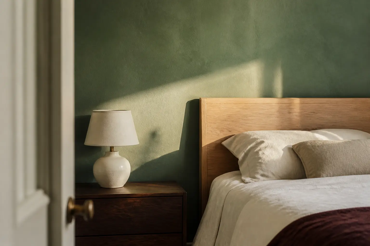 Chambre verte et bois : chambre apaisante avec mur sauge, tête de lit chêne clair et table de chevet noyer.