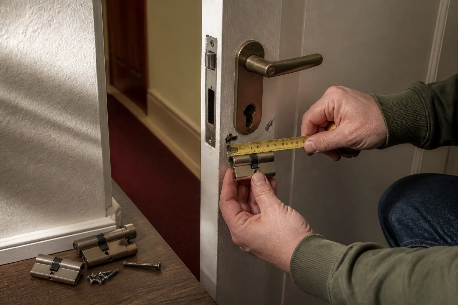 Changer barillet porte : mesurer le cylindre retiré avec un mètre avant remplacement, près de la porte intérieure