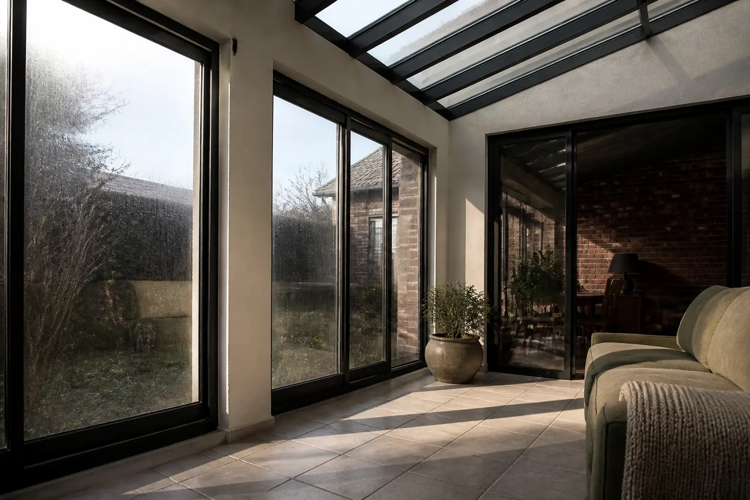 Véranda vitrée montrant les fuites de chaleur avant chauffage dans veranda : condensation, joint froid, toiture ancienne.