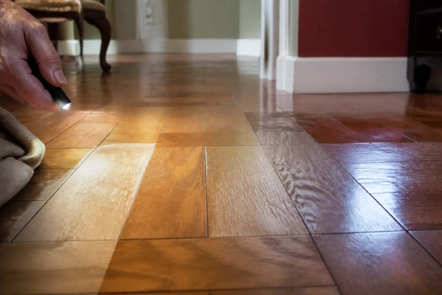 Avant de cirer du parquet, comparer les finitions du bois : brut, ciré, huilé et verni, inspectés à la lumière.