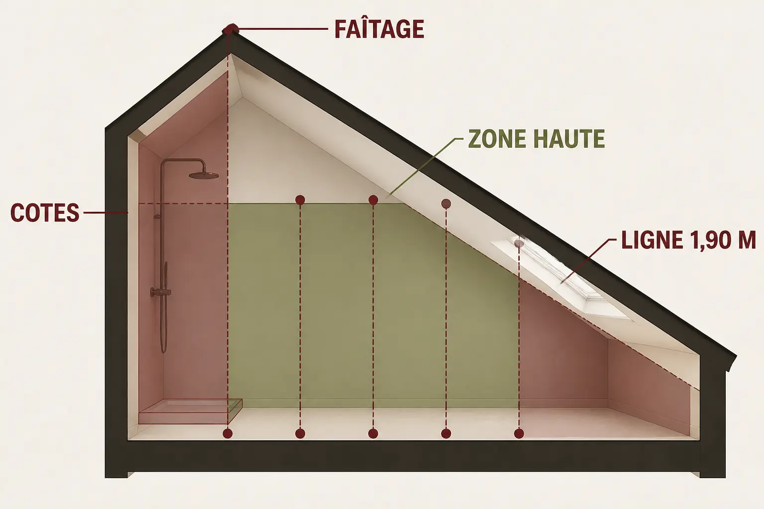 Schéma architectural d’une douche en sous pente avec repères de hauteur, zone haute et ligne 1,90 m sous toit incliné.