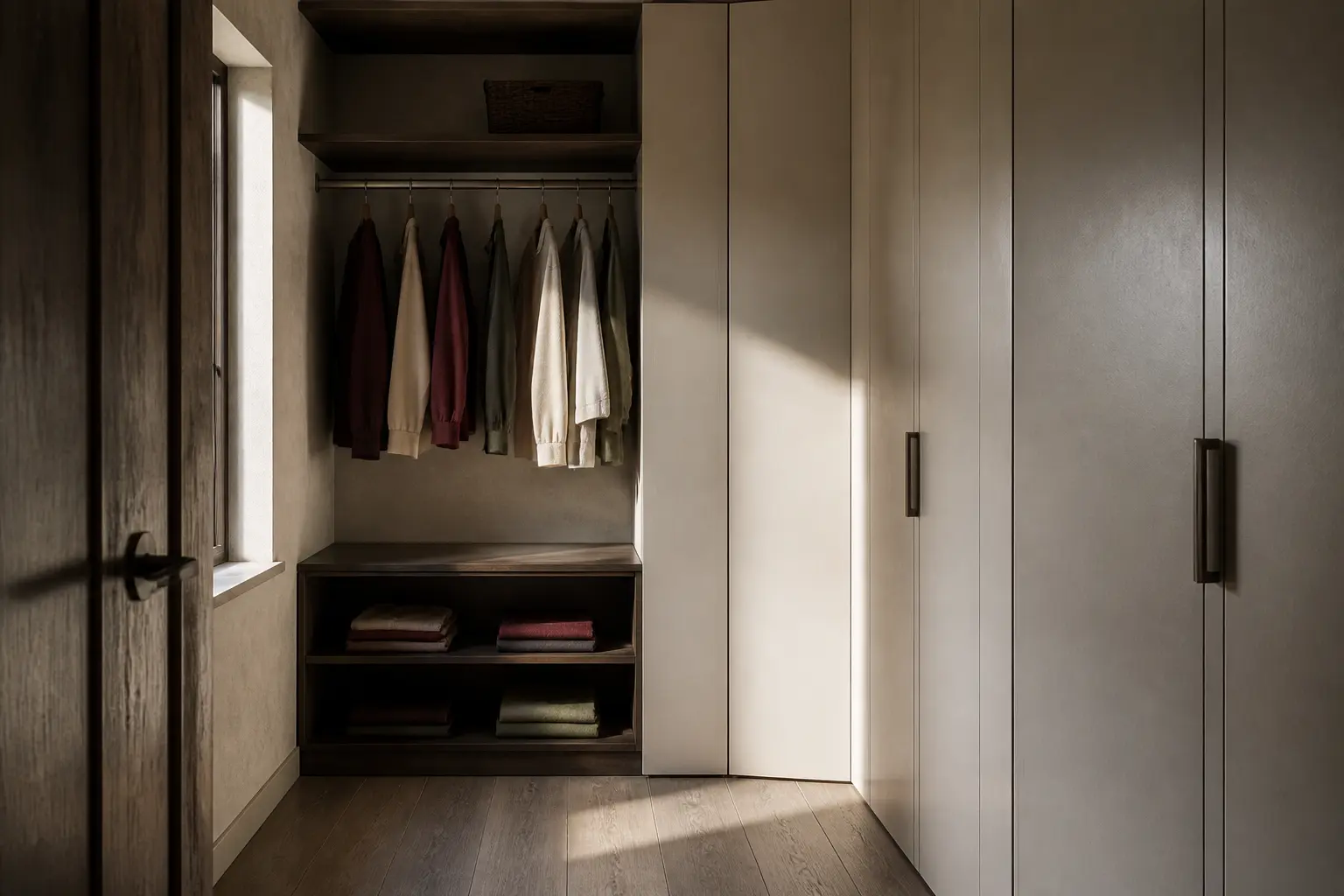 eclairer un dressing : dressing réel avec fenêtre, zones d’ombre, rangements profonds et matières visibles sous lumière naturelle