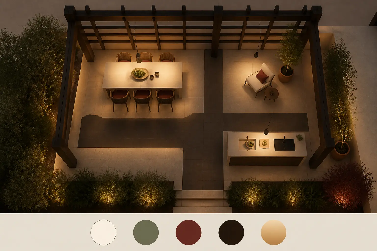 Schéma top-down pour eclairer une pergola, zones dining, lecture, cuisine et circulation, lumière chaude équilibrée