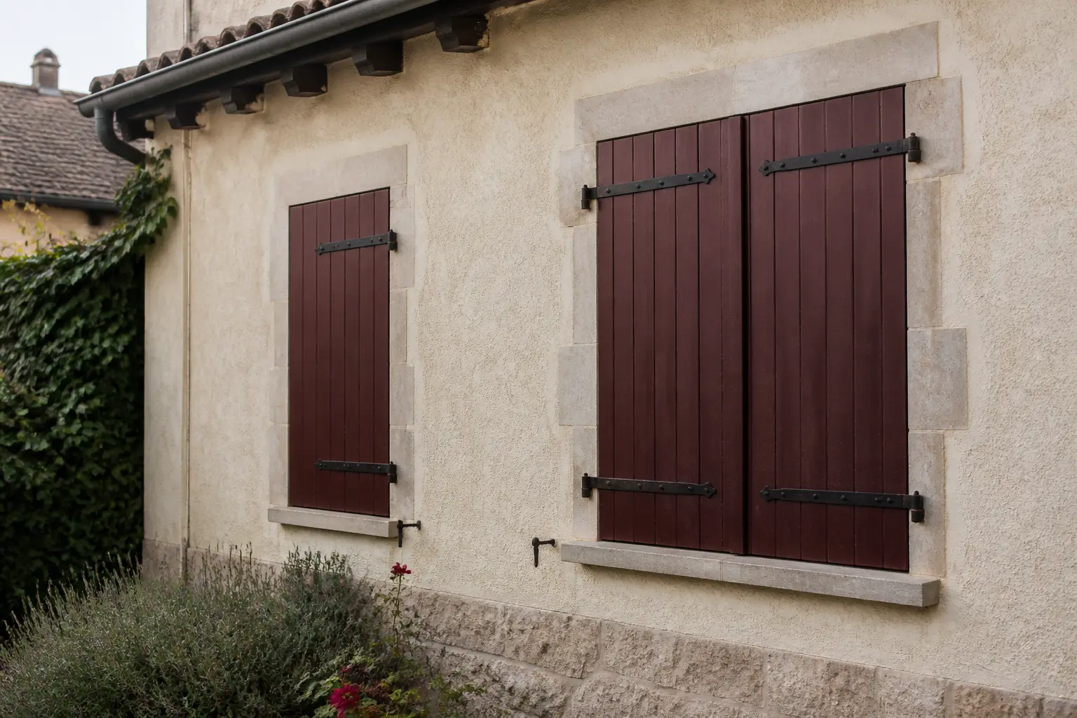 Façade française montrant comment fabriquer des volets en bois : un volet simple et un double volet à lames verticales.