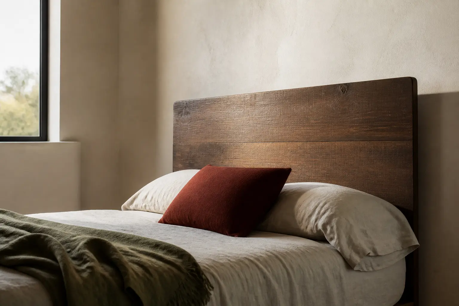 Chambre minimaliste avec tête de lit en bois, idéale pour faire une tête de lit en bois, lumière douce et linge neutre