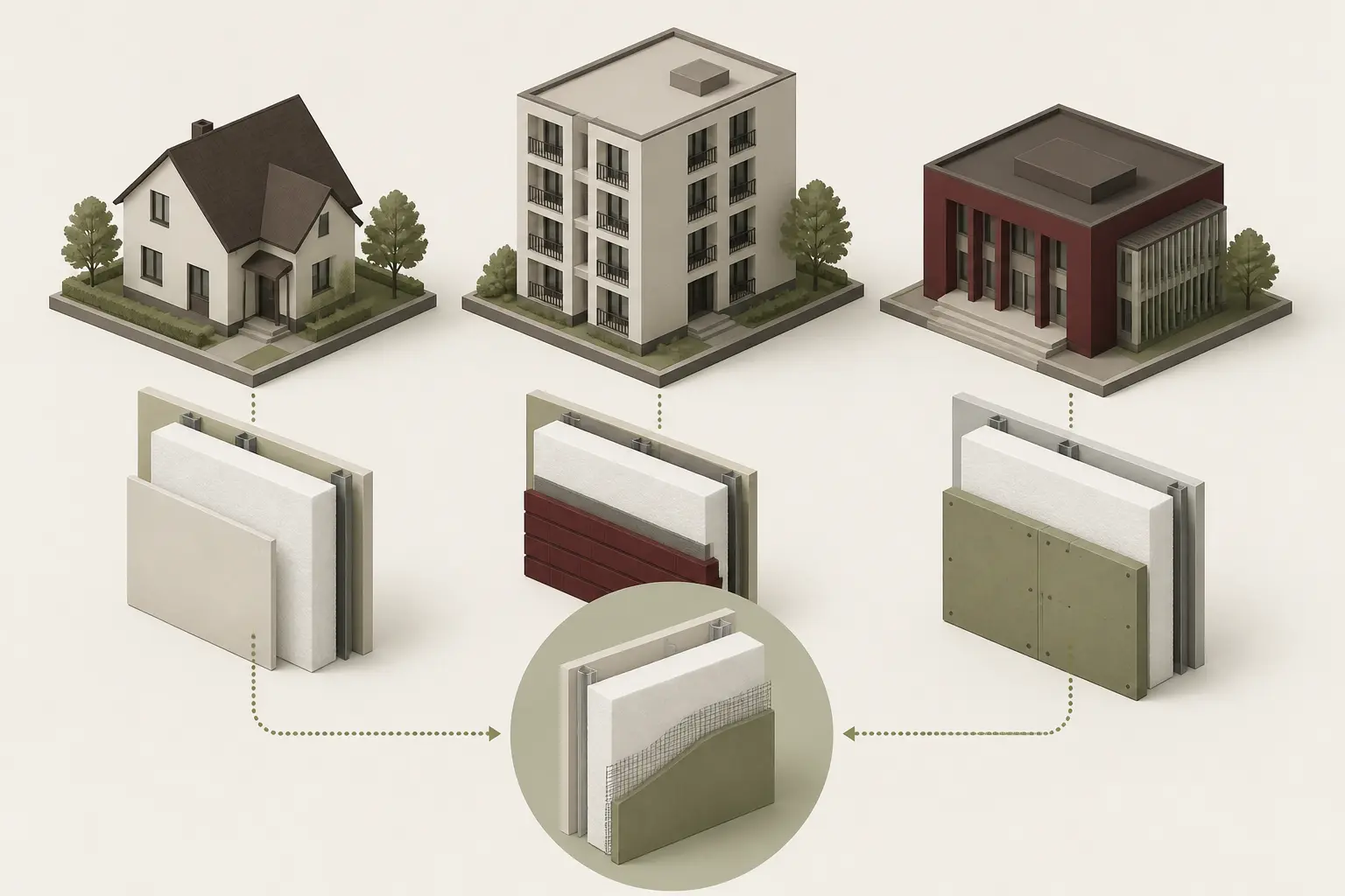 isolation polystyrène interdit : schéma isométrique de maison, immeuble et bâtiment public avec panneaux protégés par différentes couches, et coupe centrale montrant que la pose dépend du lieu et des protections