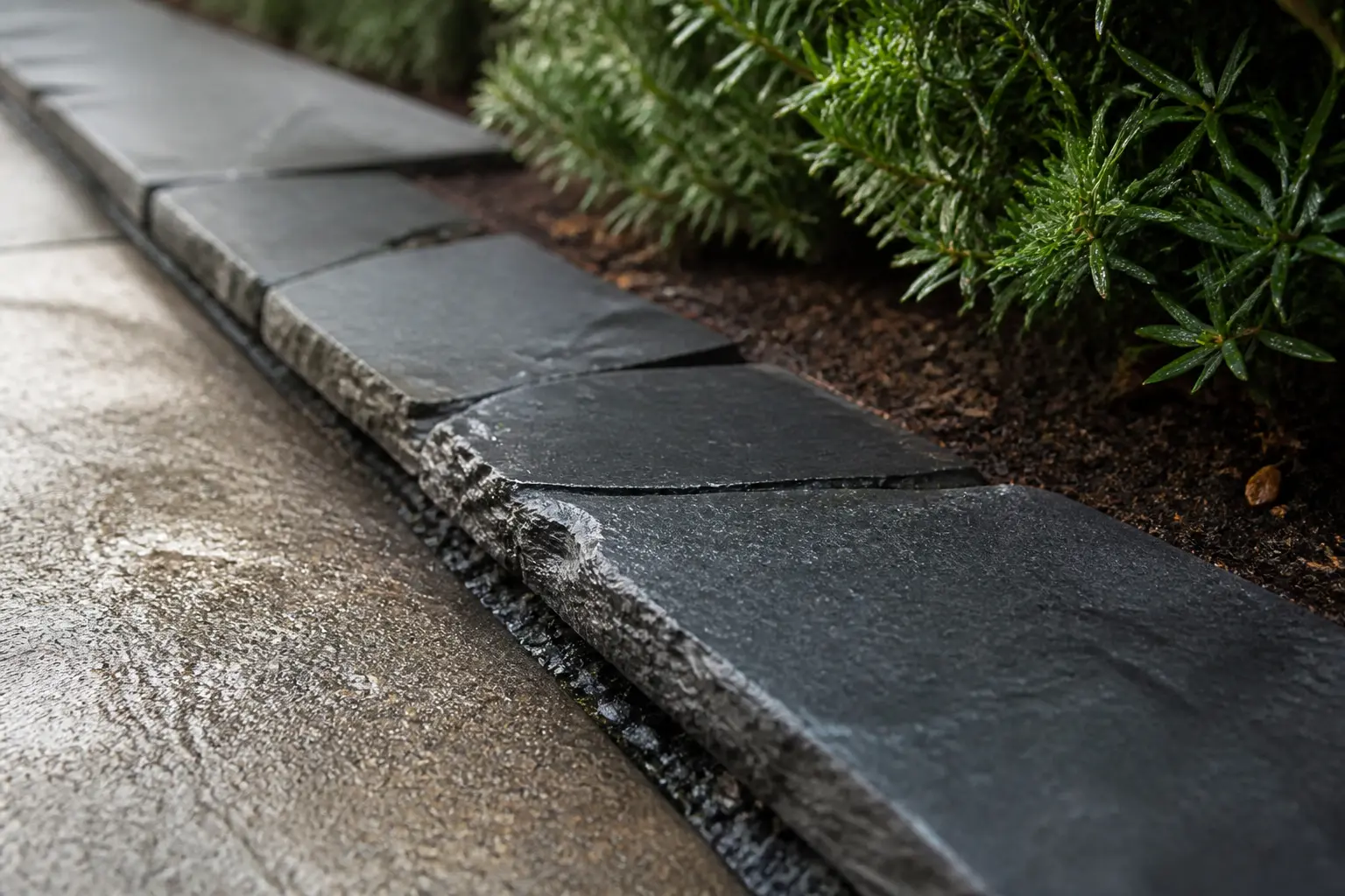 Jardin ardoise : bordure en ardoise sombre après la pluie, texture minérale graphique et feuillage persistant.