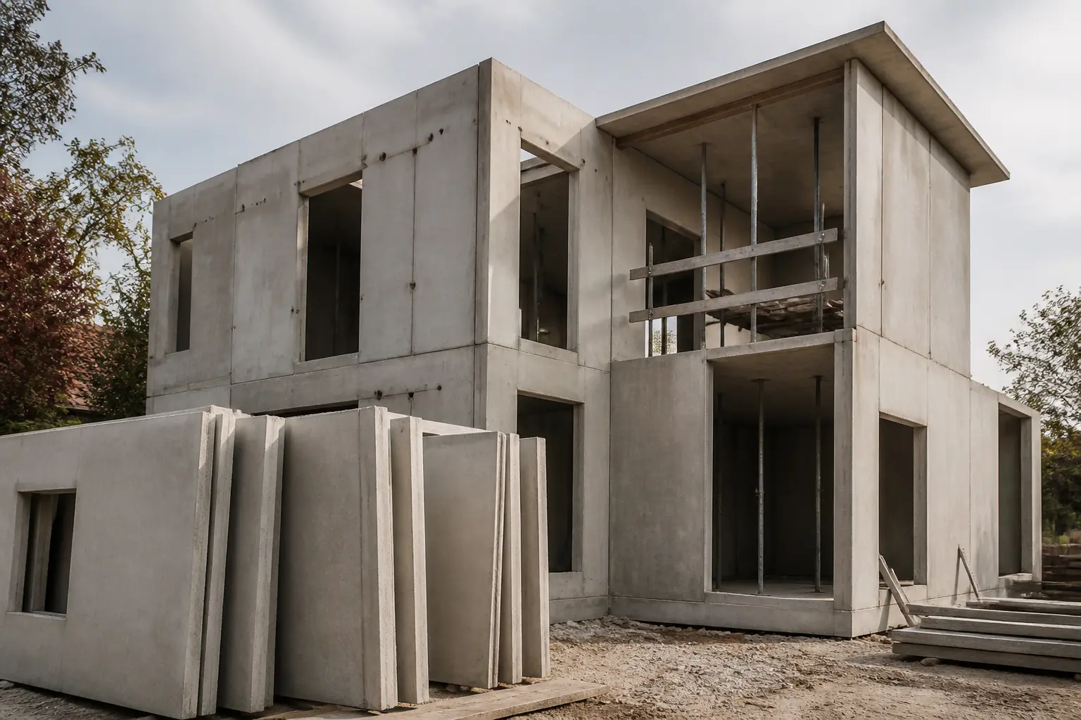 Maison prefabriquee en beton en chantier, panneaux préfabriqués posés, joints visibles et toiture partielle précise