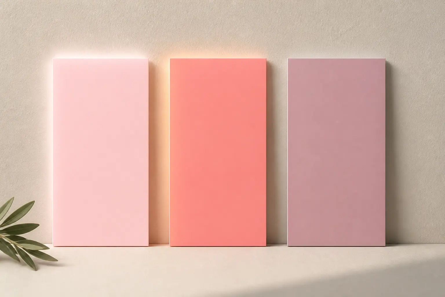 Nuance de rose : trois aplats verticaux comparant un rose pâle, un corail chaud et un rose poudré froid.