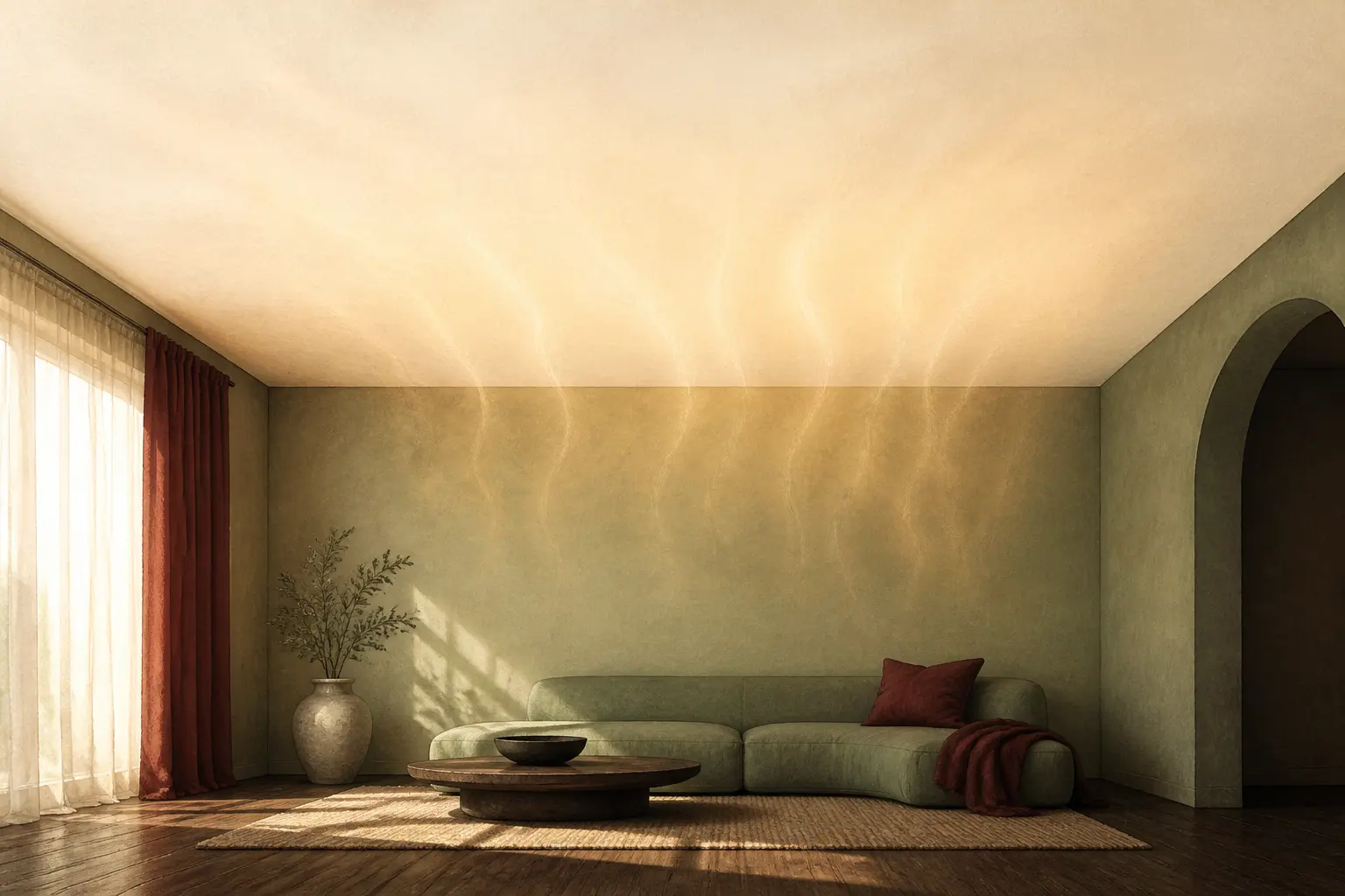 Plafond chauffant dans un salon calme, chaleur douce rayonnant du plafond blanc vers un canapé et un sol en bois, sans radiateurs.