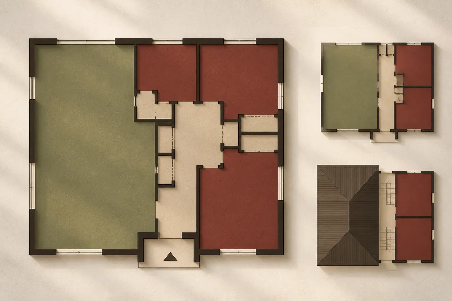 Plan maison 4 chambres en vue de dessus, zones jour, nuit et circulation, avec comparaison plain-pied et étage.
