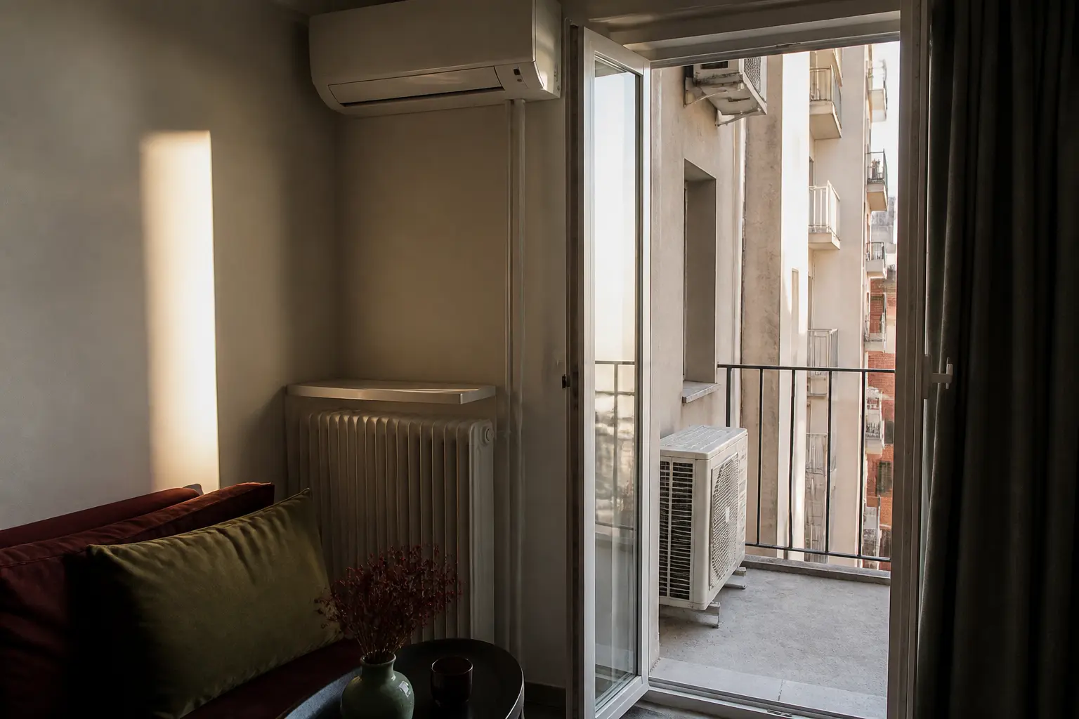 Pompe à chaleur appartement dans un salon avec balcon étroit, unité intérieure et contraintes d’installation visibles