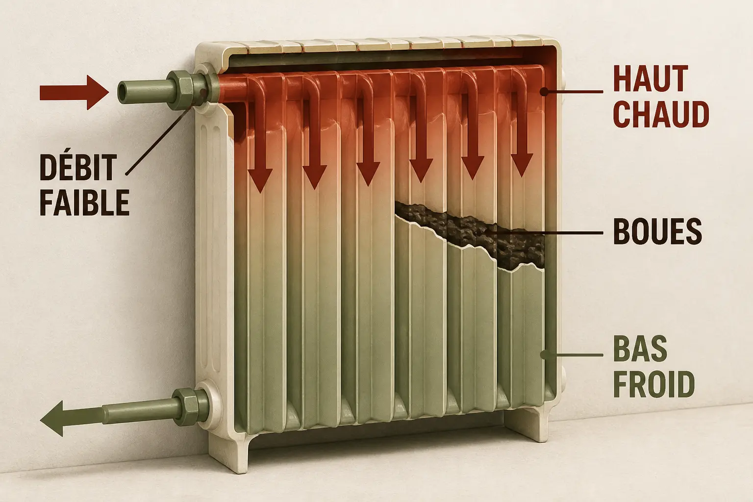 Radiateur chaud en haut et froid en bas, schéma technique montrant une circulation d’eau faible, boues et zones froides en bas.