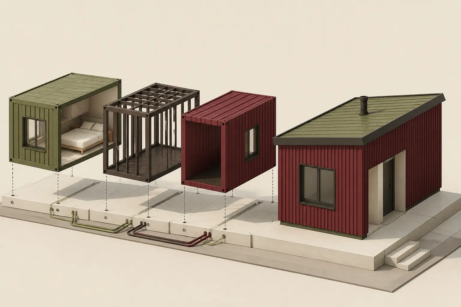 Révolution de la maison modulaire écologique : modules préfabriqués assemblés en maison finie, vue isométrique claire.