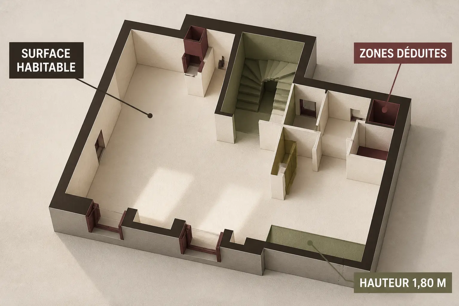 Schab définition : schéma de surface habitable d’un appartement, zones déduites et hauteur 1,80 m indiquées clairement.