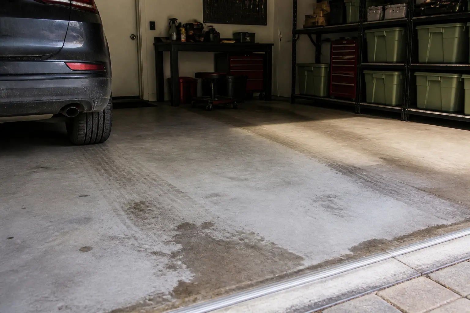 Sol pour garage en béton avec zones de stationnement, bricolage et rangement, usure réelle et traces d’humidité.