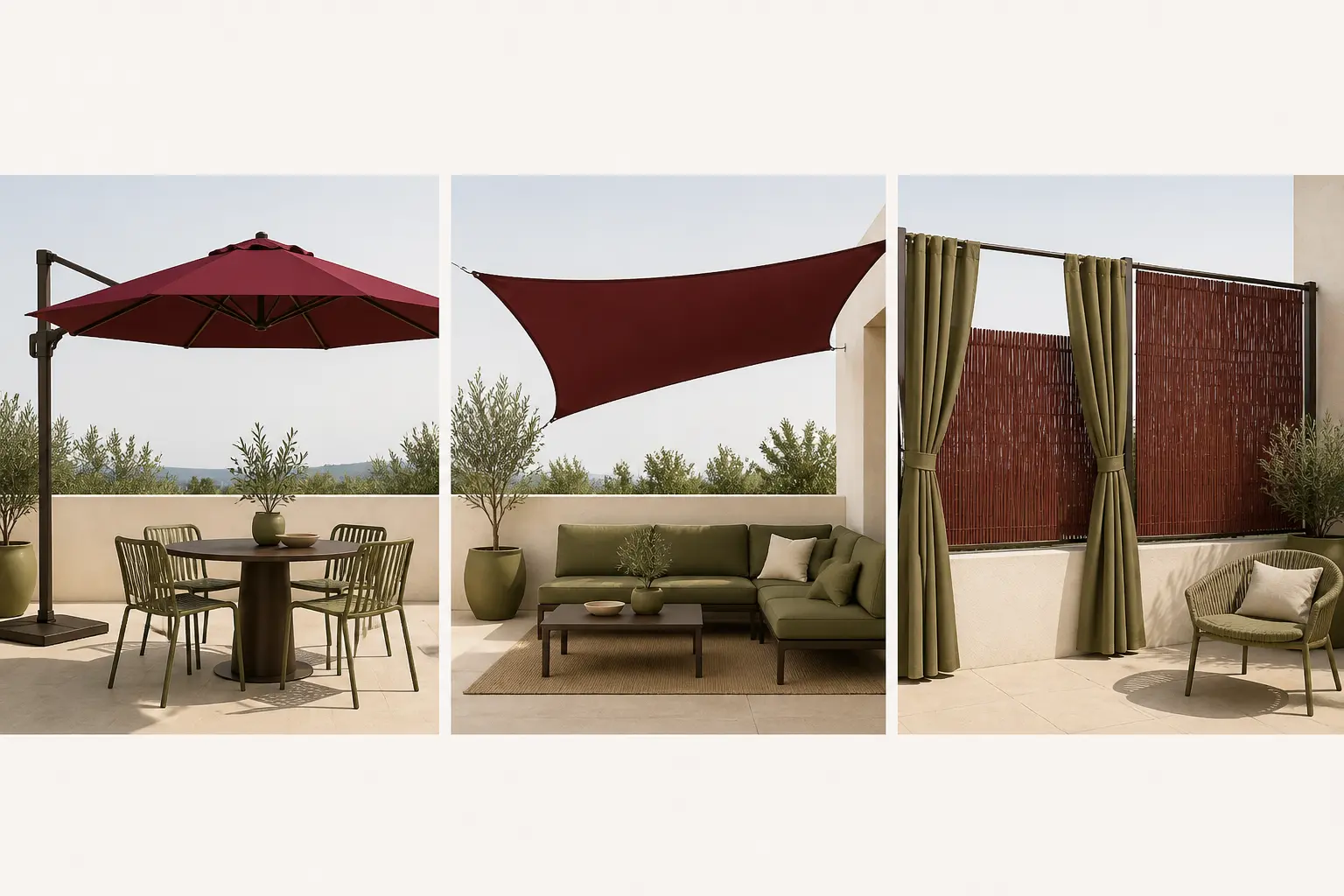 Terrasse ombragée en 3 options : parasol déporté, voile d’ombrage et brise-vue avec rideaux pour terrasse.