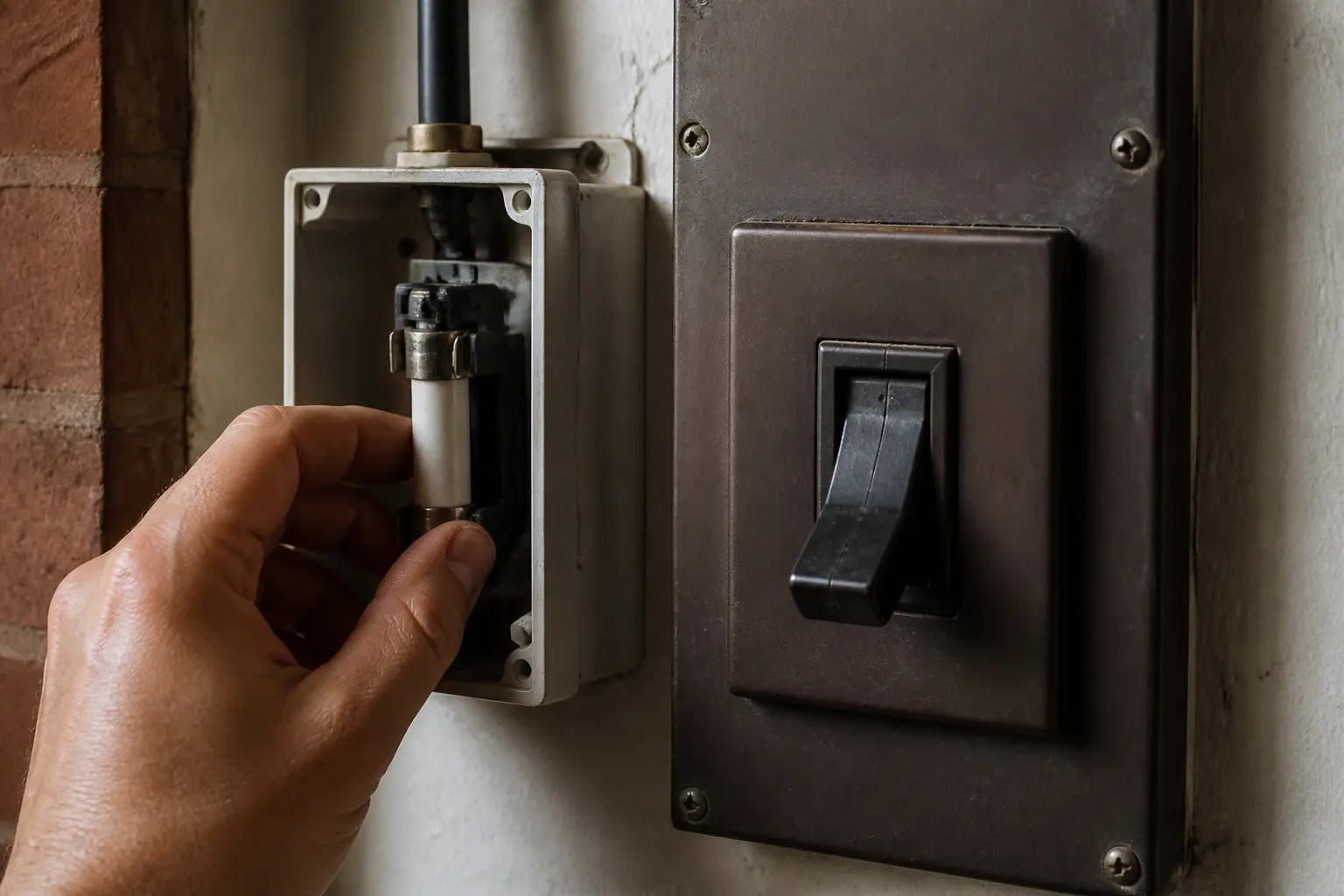 Avant de tester un fusible, panneau électrique domestique avec porte-fusible et disjoncteur principal coupé.