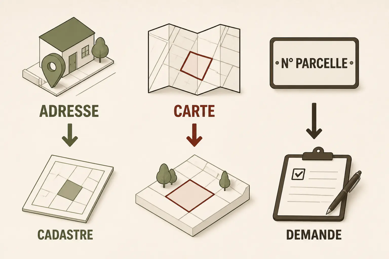 Infographie pour trouver le proprietaire d'une parcelle gratuitement : adresse, carte ou n° parcelle vers demande administrative.