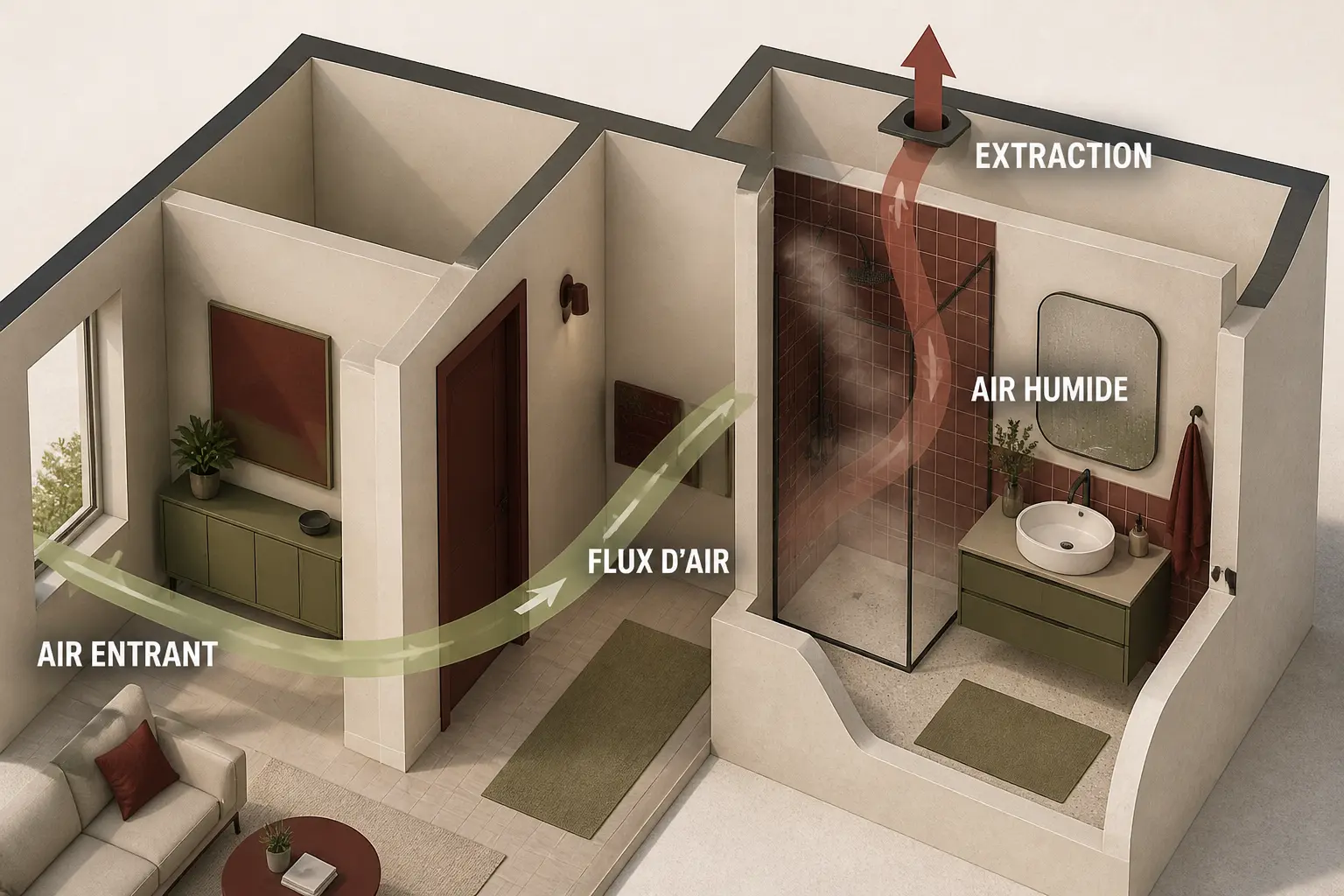 Schéma éditorial d’une vmc dans salle de bain : flux d’air entrant, humidité extraite, pièces adjacentes visibles.