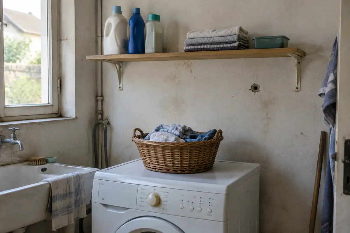 Étagère montée au-dessus d'une machine à laver, avec les produits à hauteur de main