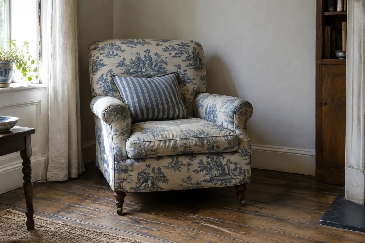 Fauteuil ancien recouvert de toile de Jouy bleue devant un mur uni, avec un coussin rayé bleu