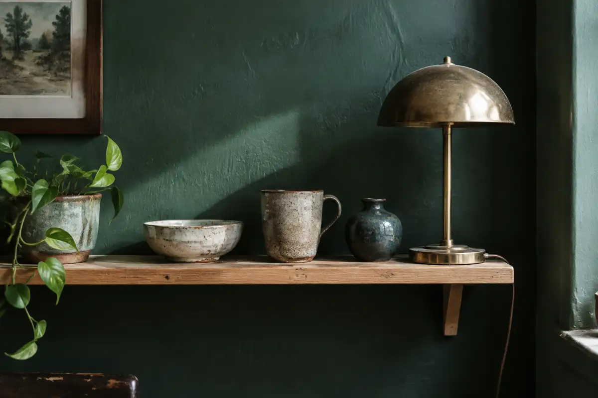 Mur vert sapin mat avec une étagère en chêne, des céramiques et une lampe en laiton