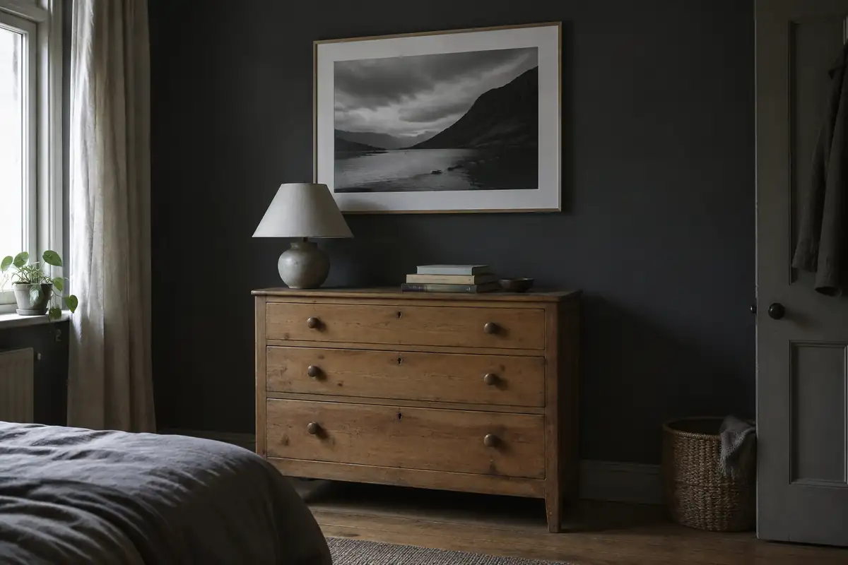 Tirage noir et blanc au cadre clair sur un mur de chambre gris anthracite