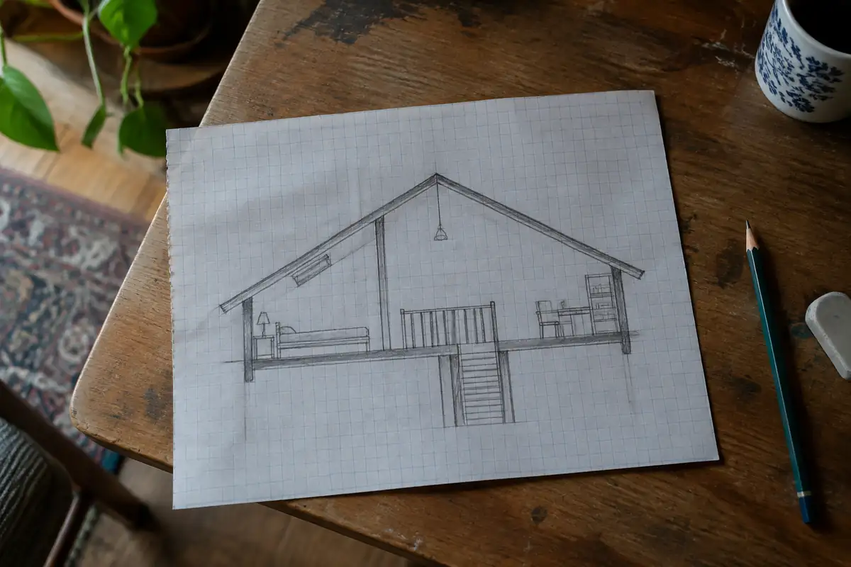 Croquis de coupe d'une pièce sous deux pentes dessiné au crayon