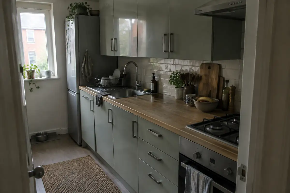 Cuisine étroite vue de la porte, meubles alignés sur un seul mur, réfrigérateur à une extrémité et plaque à l'autre