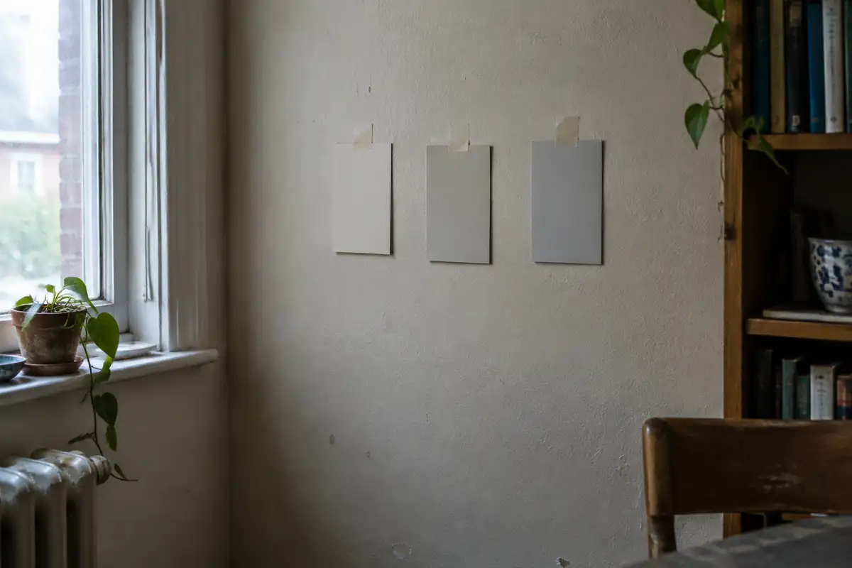 Trois cartes d'échantillons de teintes claires fixées sur un mur