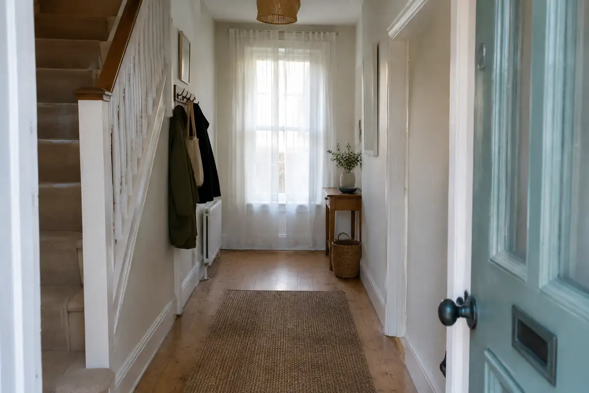 Entrée dégagée avec un voilage clair à la fenêtre