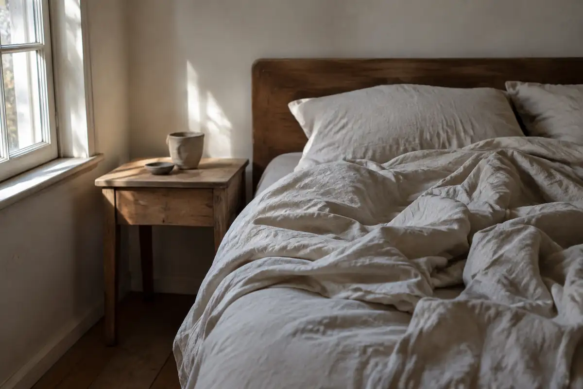 Lit défait garni de draps en lin froissé, table de chevet en bois brut et tasse en argile près d'une fenêtre