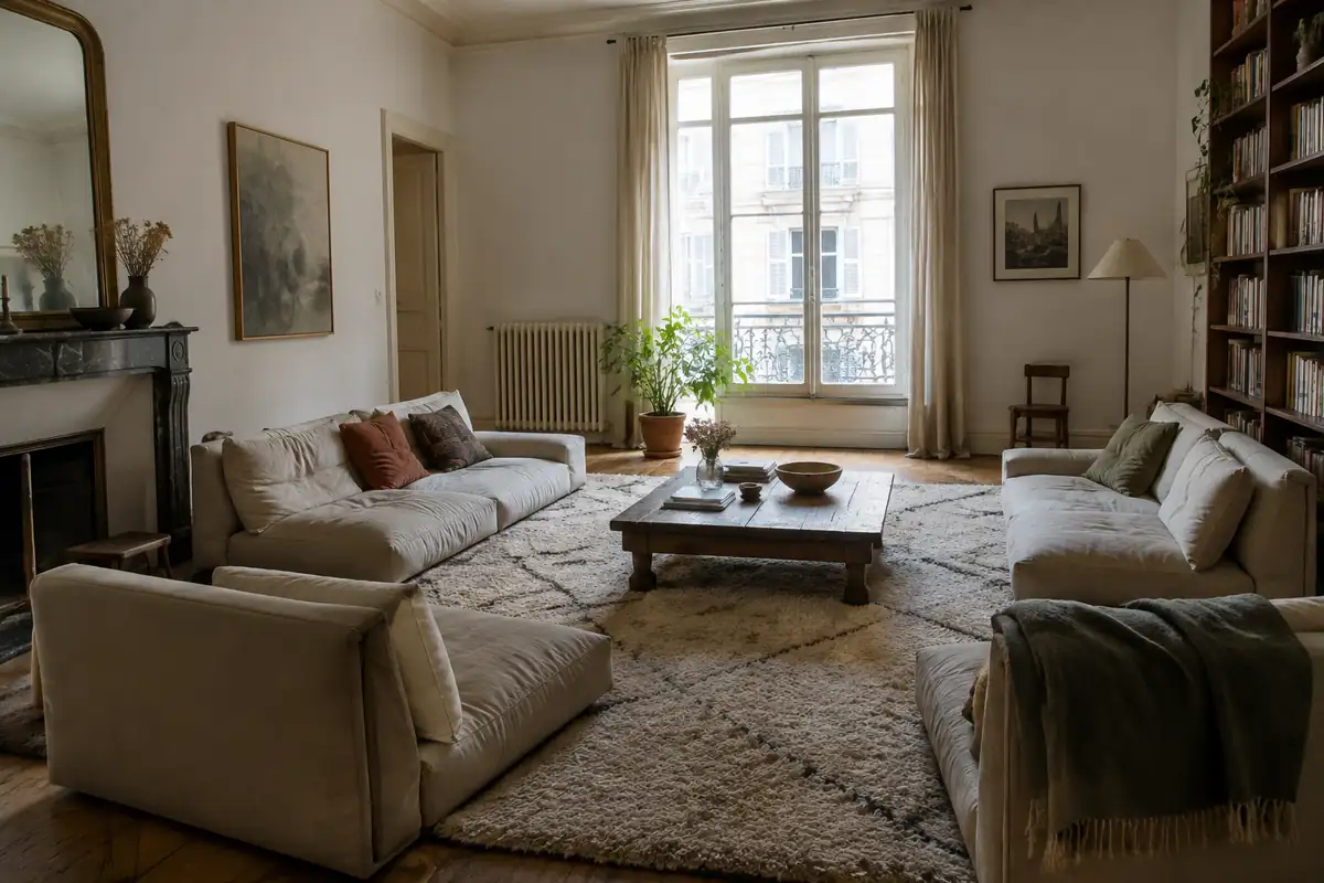 Séjour aux assises basses en U posées sur un grand tapis, la vue traversant la pièce jusqu'à la fenêtre