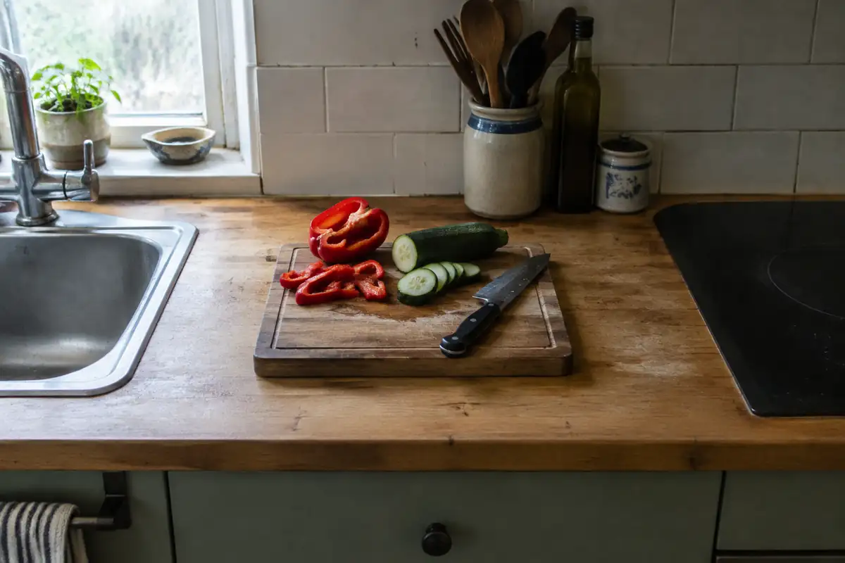 Plan de travail dégagé entre un évier et une plaque, avec une planche et quelques légumes