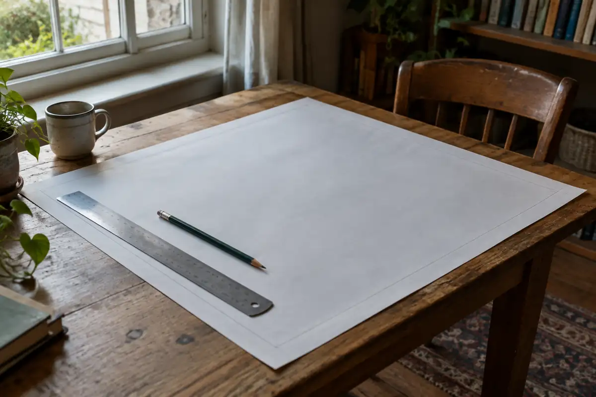 Plan vierge posé sur une table avec une règle et un crayon