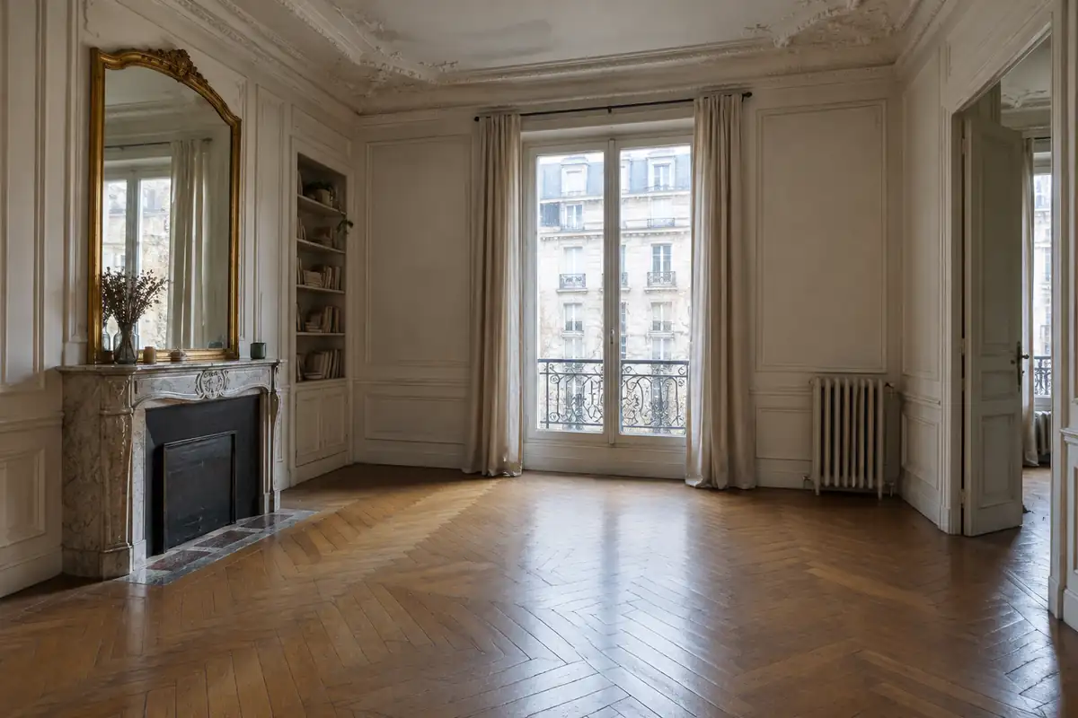 Salon haussmannien vide avec moulures, cheminée en marbre et parquet à chevrons
