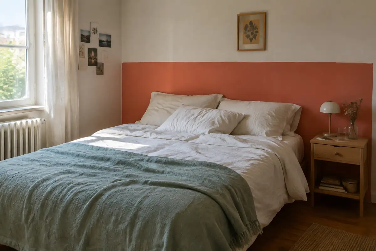 Tête de lit peinte en corail sur le mur d'une chambre, plaid vert d'eau
