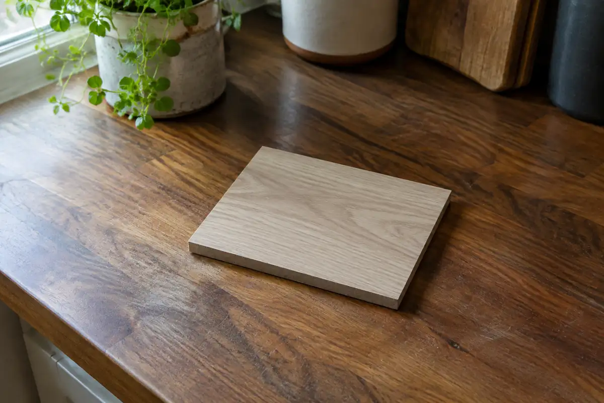 Échantillon de décor bois clair posé sur un plan de travail en bois plus foncé